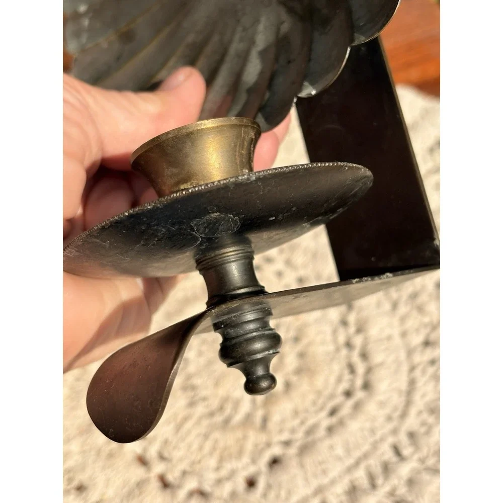 Vintage Tin Round Reflector Crimped Wall Sconce Candle Holder Prim Folk Decor